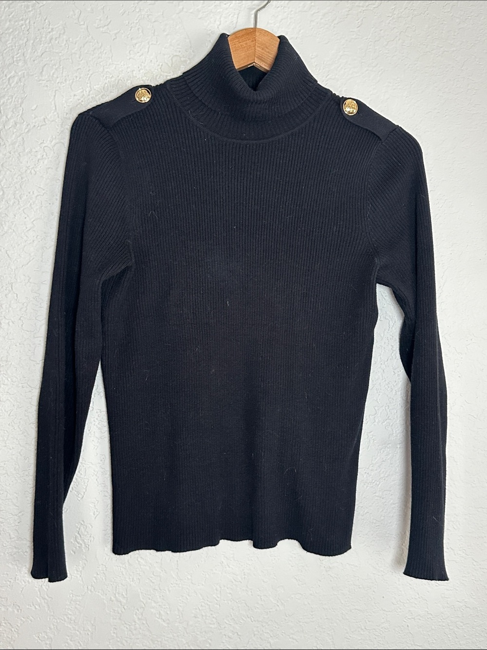 Ralph Lauren Black Ribbed Turtleneck Sweater Gold Buttons Epaulettes Preppy